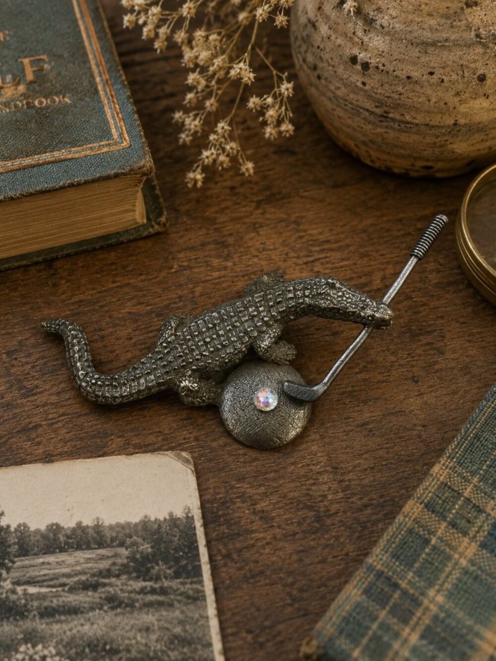 Alligator Golf Figurine With Crystal Accent Metallic Finish Unique Desk Gift